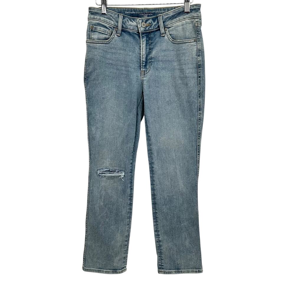 Chico’s DefineMe Denim Straight Leg Ankle Jeans Size 2R Light‎ Wash Distress
